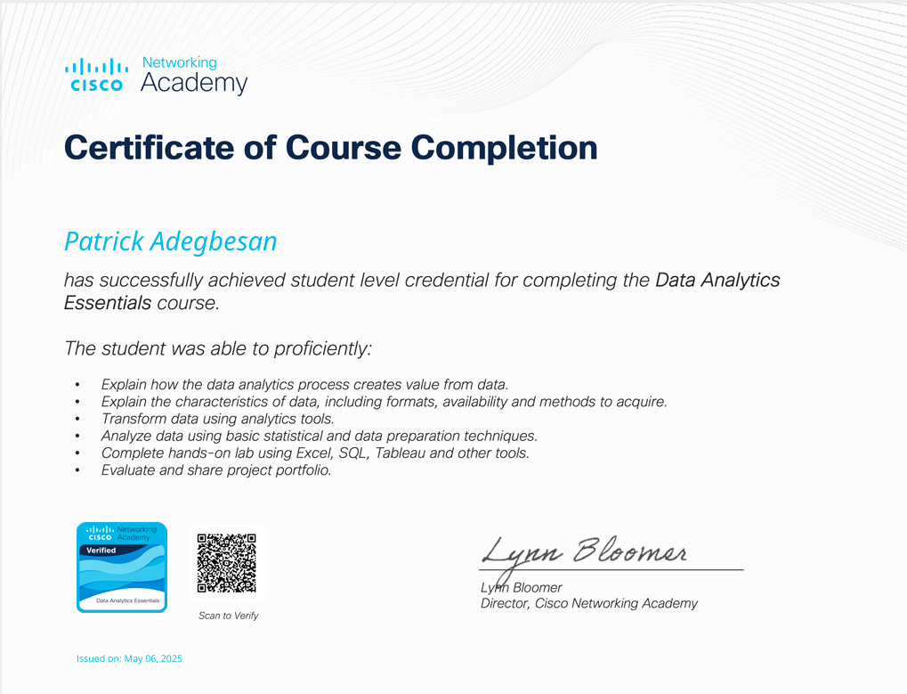 Cisco Networking Academy - Data Analytics Essentials certificate